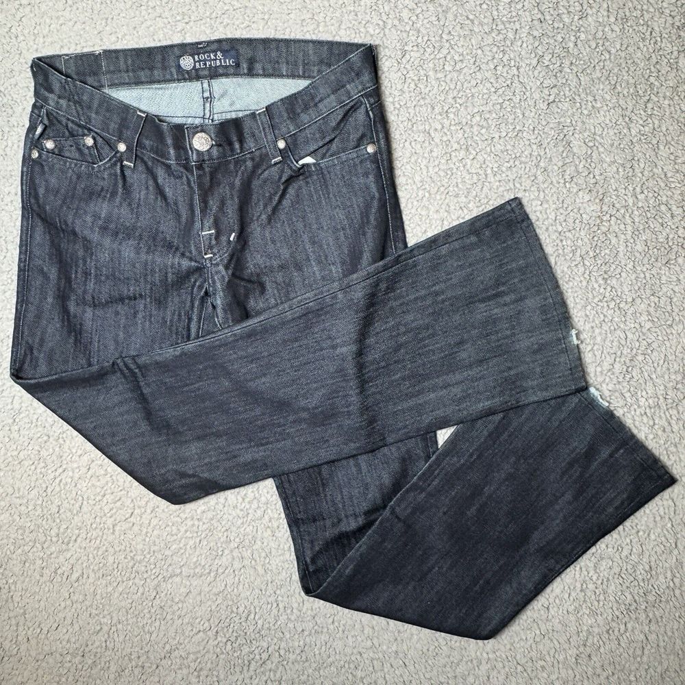 Rock & Republic Boot Cut Pink Rhinestones Dark Blue Wash Womens‎ Jean Size 26